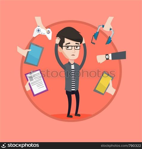 Man clutching his head and many hands with gadgets around him. Man in despair surrounded with gadgets. Man using many gadgets. Vector flat design illustration in the circle isolated on background.. Young man surrounded with his gadgets.