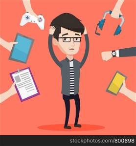 Man clutching his head and many hands with modern gadgets around him. Young man in despair surrounded with gadgets. Man using many electronic gadgets. Vector flat design illustration. Square layout.. Young man surrounded with his gadgets.
