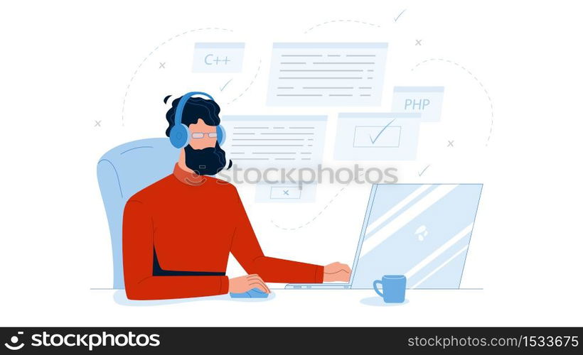 Man Coder Development Programming Computer Vector. Bearded Guy Coder Wearing Headphones Coding Application On Laptop, Software Engineer Sitting At Desk. Character Coding Flat Cartoon Illustration. Man Coder Development Programming Computer Vector