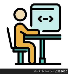 Man coding on PC icon. Outline man coding on PC vector icon color flat isolated. Man coding on PC icon color outline vector