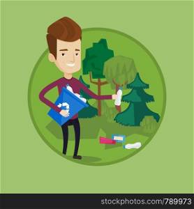 Man collecting garbage in recycle bin. Man with recycling bin in hand picking up used plastic bottles. Waste recycling concept. Vector flat design illustration in the circle isolated on background.. Man collecting garbage in forest.