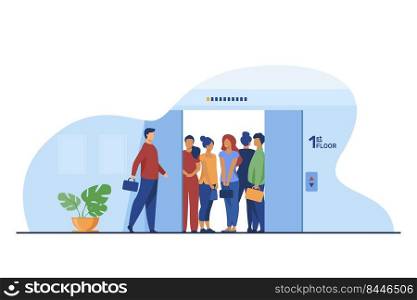 Man coming into overcrowded elevator cabin. Building hall, open doors flat vector illustration. Crowd, people in public place, social distance concept for banner, website design or landing web page