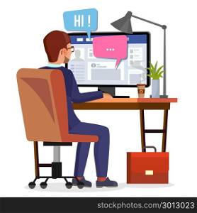 Man Communicates On Internet Vector. Personal Social Page On Screen. Communication Concept. Isolated Flat Illustration. Man Communicates On Internet Vector. Personal Social Page On Screen. Communication Concept. Isolated Illustration