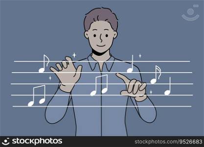 Man conductor moves hands, standing near imaginary notes and comes up with new musical composition for musicians. Conductor of symphony orchestra rehearses before going on stage to audience. Man conductor moves hands, standing near imaginary notes and comes up with new musical composition