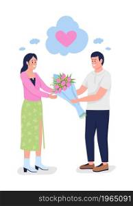 Man confessing feelings to woman semi flat color vector characters. Full body people on white. Giving floral arrangement isolated modern cartoon style illustration for graphic design and animation. Man confessing feelings to woman semi flat color vector characters