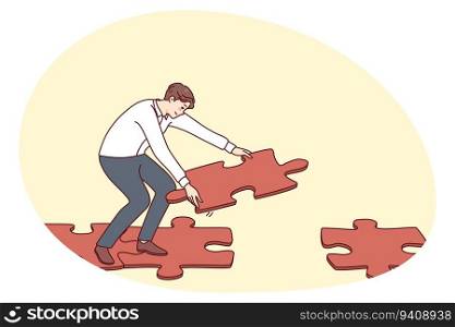 Man connecting jigsaw puzzle pieces making way or road to walk. Male find solution solving problem answering question. Flat vector illustration.. Man connecting jigsaw puzzle making way