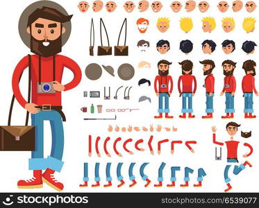 Man Constructor. Separate Parts of Male Person. Man constructor. Man with photograph and bag. Separate part of male person. Icons with different emotions on face. Various types of faces. Front, side, back view of man. Bended hands, legs. Vector