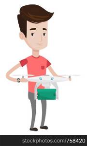 Man controlling delivery drone with post package. Man getting post package from delivery drone. Man sending parcel with delivery drone. Vector flat design illustration isolated on white background.. Man controlling delivery drone with post package.