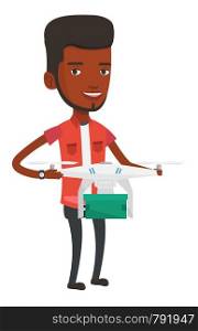 Man controlling delivery drone with post package. Man getting post package from delivery drone. Man sending parcel with delivery drone. Vector flat design illustration isolated on white background.. Man controlling delivery drone with post package.