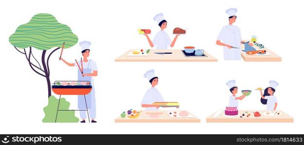 Man cooking. Culinary characters, bbq chef. People and children eat, food preparation workshop. Picnic or restaurant, healthy meal cook vector set. Illustration chef cooking, kid and girl do culinary. Man cooking. Culinary characters, bbq chef party. People and children eat, food preparation workshop. Picnic or restaurant service, healthy meal cook vector set