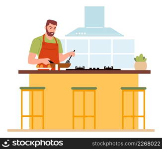 Man cooking food on kitchen. Guy making dinner isolated on white background. Man cooking food on kitchen. Guy making dinner
