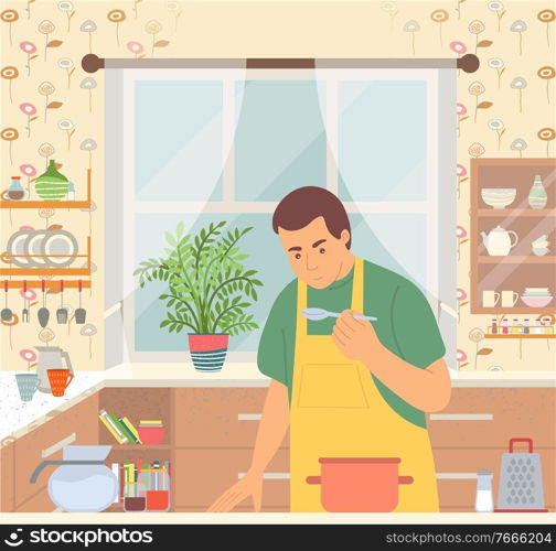 Man cooking meal in pan. Person tasting what he cook. Kitchen with utensil like kettle and cup, plate and spoon, fork and knife. Vector illustration in flat style. Man in Apron Cooking Food in Pan in Kitchen