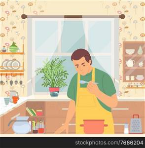 Man cooking meal in pan. Person tasting what he cook. Kitchen with utensil like kettle and cup, plate and spoon, fork and knife. Vector illustration in flat style. Man in Apron Cooking Food in Pan in Kitchen