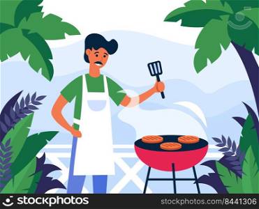 Man cooking steak on barbecue grill outdoors. Man wearing apron preparing meat flat vector illustration. Barbecue party concept for banner, website design or landing web page