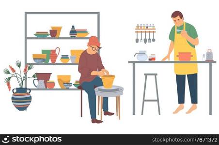 Man cooking vector, people on leisure time, pastime of characters. Interests of males, chef in kitchen. Hipster making pots pottery practicing flat style. Pottery and Cooking Hobby, Culinary Pastime Set