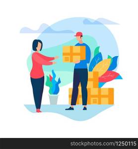 Man Courier Deliver Box Parcel to Young Woman Consumer Character to Home. Shopping, E- Commerce, Online Trading. Fast Internet Modern Technology. Express Delivery Cartoon Flat Vector Illustration. Courier Deliver Box Parcel to Young Woman Consumer