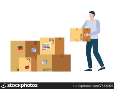 Man courier holding paper box, portrait view of worker character with carton container, parcel delivery, transportation of goods, package decoration vector. Transportation of Good, Paper Box Delivery Vector