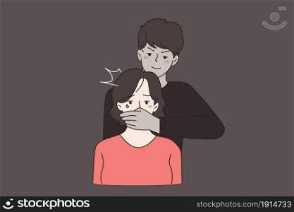 Man cover crying distressed woman face with hand. Family domestic violence and aggressive behavior. Gender sex abuse and discrimination. Beating and aggression in relationship. Vector illustration. . Man cover crying woman face with hand
