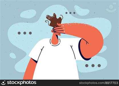 Man cover eyes with hand avoid seeing things. Distressed male close eyesight refuse to watch or observe something. Vector illustration. . Man cover eyes avoid seeing things