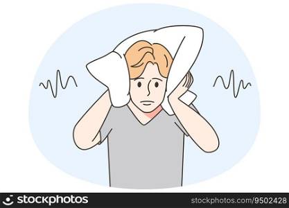 Man covering ears with pillow unable to stand noise. Unhappy male avoid loud and noisy neighbors. Vector illustration.. Man cover ears with pillow