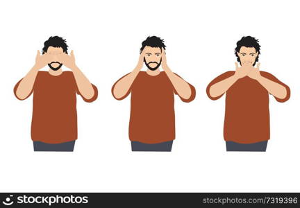 Man covering eyes, ears and mouth with hands as looking like the three wise monkeys. Don&rsquo;t see, don&rsquo;t hear and don&rsquo;t speak concept illustration in vector cartoon style.