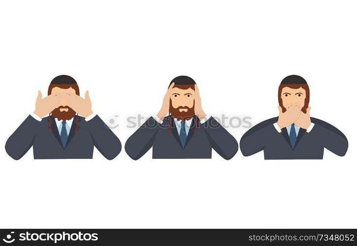 Man covering eyes, ears and mouth with hands as looking like the three wise monkeys. Don&rsquo;t see, don&rsquo;t hear and don&rsquo;t speak concept illustration in vector cartoon style.