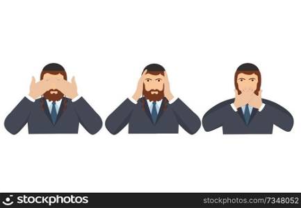 Man covering eyes, ears and mouth with hands as looking like the three wise monkeys. Don&rsquo;t see, don&rsquo;t hear and don&rsquo;t speak concept illustration in vector cartoon style.