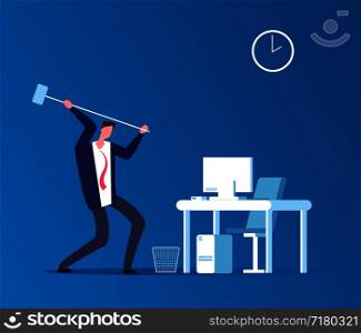 Man crashes computer. Frustrated angry user with hammer crashing workplace in office. Program problems and pc error vector concept. Manager crash computer, problem workplaces. Man crashes computer. Frustrated angry user with hammer crashing workplace in office. Program problems and pc error vector concept