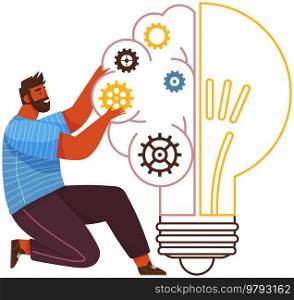 Man creates new idea. Light bulb with gears vector illustration. Creation of optimal solution, development of creative thinking. Mental mindset, imagination concept. Person creates abstract figure. Man works with creation of new idea, development of creativity. Mental mindset, imagination concept.