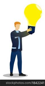 man, creative worker holding large glowing light bulb in his hands. New idea, creative thought. Business brainstorming to solve problem. Vector isolated on white background