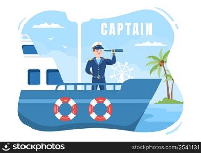 Man Cruise Ship Captain Cartoon Illustration in Sailor Uniform Riding a Ships, Looking with Binoculars or Standing on the Harbor in Flat Design