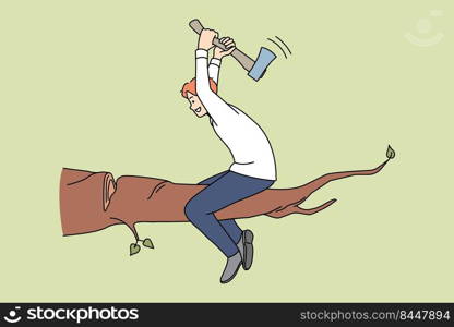 Man cutting branch on which he is sitting. Unreasonable deed and risky business affair. Vector illustration.. Man cutting branch on which he sit