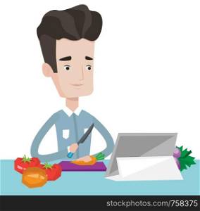 Man cutting healthy vegetables for salad. Man following recipe for vegetable salad on digital tablet. Man cooking healthy vegetable salad. Vector flat design illustration isolated on white background.. Man cooking healthy vegetable salad.
