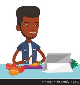 Man cutting healthy vegetables for salad. Man following recipe for vegetable salad on digital tablet. Man cooking healthy vegetable salad. Vector flat design illustration isolated on white background.. Man cooking healthy vegetable salad.