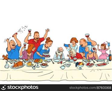 man dad grandpa Birthday party, the whole family at the festive table. Comic cartoon vintage retro hand illustration. man dad grandpa Birthday party, the whole family at the festive table