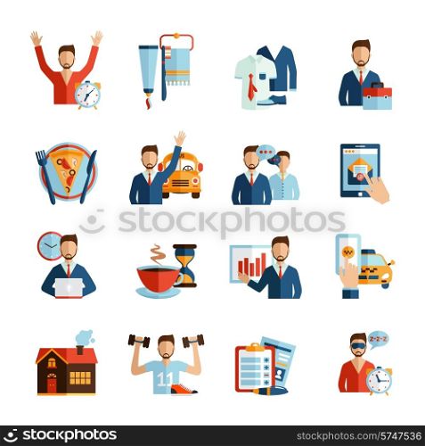 Man daily routine icons set day work and rest life schedule isolated vector illustration