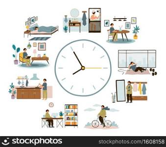 Man daily schedule. Lifestyle activities temporal distribution, guy life day, round clock planning time different everyday situations, relax and work, walking and sport vector cartoon isolated concept. Man daily schedule. Lifestyle activities temporal distribution. Guy life day, round clock planning time, different everyday situations, relax and work, walking and sport vector concept