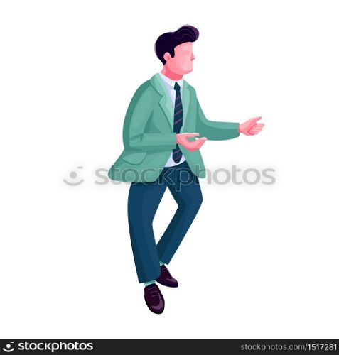 Man dancing twist flat color vector faceless character. Stylish guy in retro costume. Male at retro discotheque party isolated cartoon illustration for web graphic design and animation
