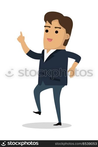 Man Dancing with Finger up Happy Boy Find Solution. Man dancing with finger up. Happy boy find solution for problem. Successful idea banner. Satisfied male with results brainstorm isolated on white. Handsome man solved trouble. Vector illustration