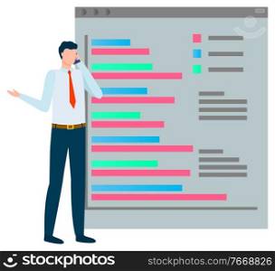 Man dealing with business problems vector, character businessman talking on phone with partners. Board with information and explanation, charts analysis. Businessman Talking on Phone with Business Partner