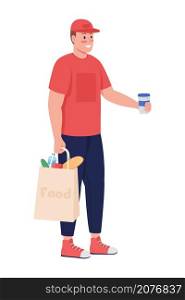 Man delivering food semi flat color vector character. Posing figure. Full body person on white. Courier with coffee isolated modern cartoon style illustration for graphic design and animation. Man delivering food semi flat color vector character
