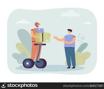 Man delivering goods vector illustration. Young male character on scooter. Deliveryman holding cardboard boxes. Delivery concept for banner, website design or landing web page