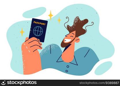 Man demonstrates passport of resident of state, rejoicing in successful immigration and changing country of residence. Happy guy with international passport for visas allowing to travel around world. Man demonstrates passport of resident of state, rejoicing in successful immigration