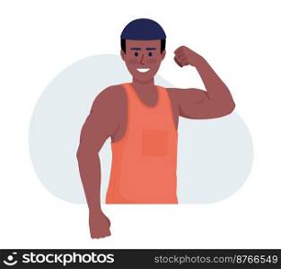 Man demonstrating muscles 2D vector isolated illustration. Male shows biceps. Strong athlete flat character on cartoon background. Colorful editable scene for mobile, website, presentation. Man demonstrating muscles 2D vector isolated illustration