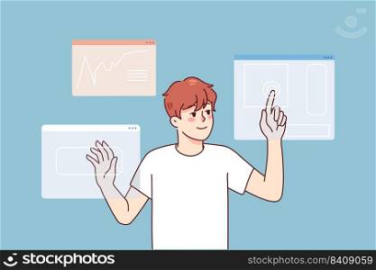 Man designer use touchpad access personal identification. Male using creative digital app interface. Web design and technology. Vector illustration. . Man use touchpad access personal identification
