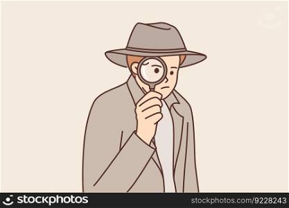 Man detective use magnifying glass to investigate crime scene or looking for necessary information. Guy detective in hat and long coat similar to sherlock holmes looks through loupe at screen. Man detective use magnifying glass to investigate crime scene or looking for necessary information