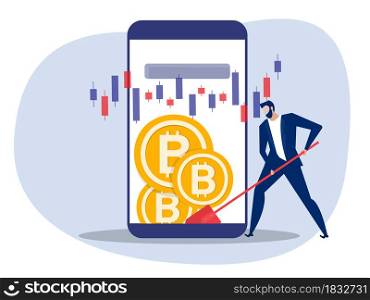 Man dig bitcoin coins on phone, Digital currency wallet,. Vector illustration in a flat style