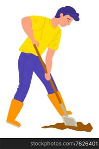 Man digging soil, agricultural work, worker wearing boots standing outdoor. Person holding shovel, gardening season, male with spade, cultivate vector. Flat cartoon. Gardener with Shovel, Digging Soil, Farm Vector