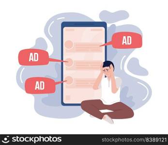 Man disappointed with annoying ads 2D vector isolated illustration. Upset flat character on cartoon background. Colourful editable scene for mobile, website, presentation. Bebas Neue font used. Man disappointed with annoying ads 2D vector isolated illustration