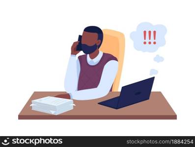 Man distracted from work semi flat color vector character. Sitting figure. Full body person on white. Procrastination isolated modern cartoon style illustration for graphic design and animation. Man distracted from work semi flat color vector character